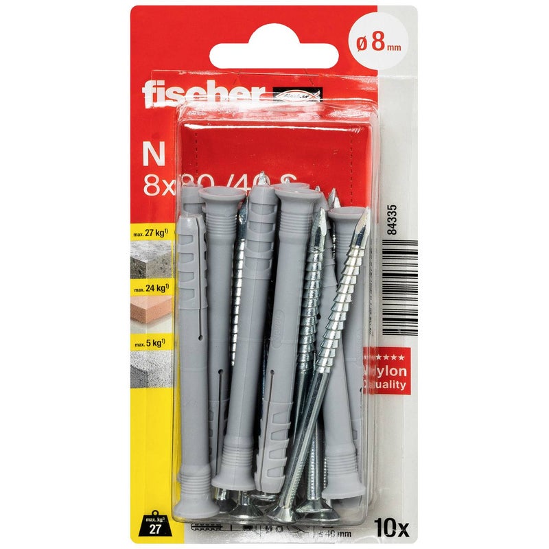 fischer Hammerfix N 8 x 80/40 S Nail Plug, nylon plug with zinc-plated countersunk nail screw, fast hammer-set with hammer-in stop, cross-slot for removal, for timber, 8 mm dia, 80 mm, 40 mm fixable