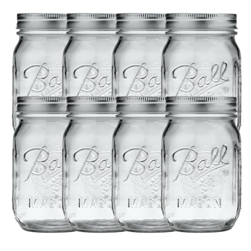 Ball Regular Mouth Pint (16 oz.) Mason Jars with Lids and Bands, for Canning or Drinkware, 8 Count