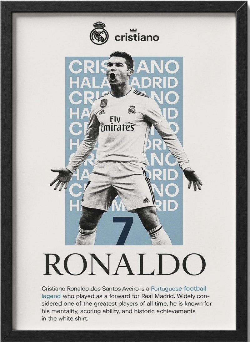 C.Ronaldo CR7 Wall Art, Football Legend Framed Print, Black Modern Frame, 40x30 cm, Portrait Orientation, Sports Theme Decor