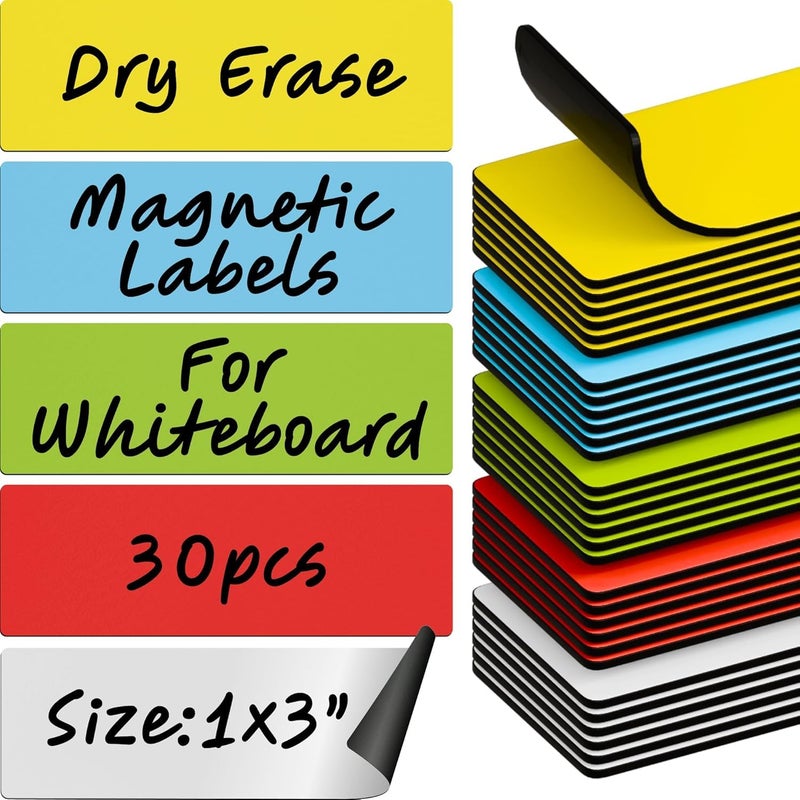 Dry Erase Magnetic Labels 30pcs, 1"×3"×0.7mm+PET (Multicolor: White, red, Blue, Yellow, Green) from magy store - Image 1