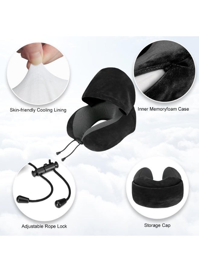Travel Neck Pillow with Hood, 100% Memory Foam, Black - Image 2