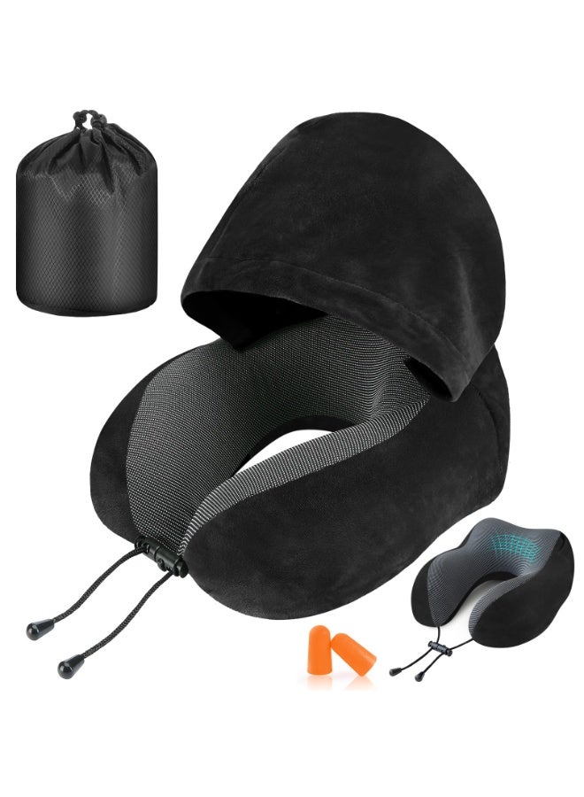 Travel Neck Pillow with Hood, 100% Memory Foam, Black - Image 1