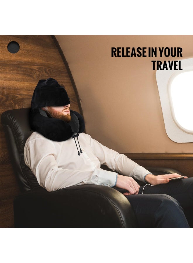 Travel Neck Pillow with Hood, 100% Memory Foam, Black - Image 3