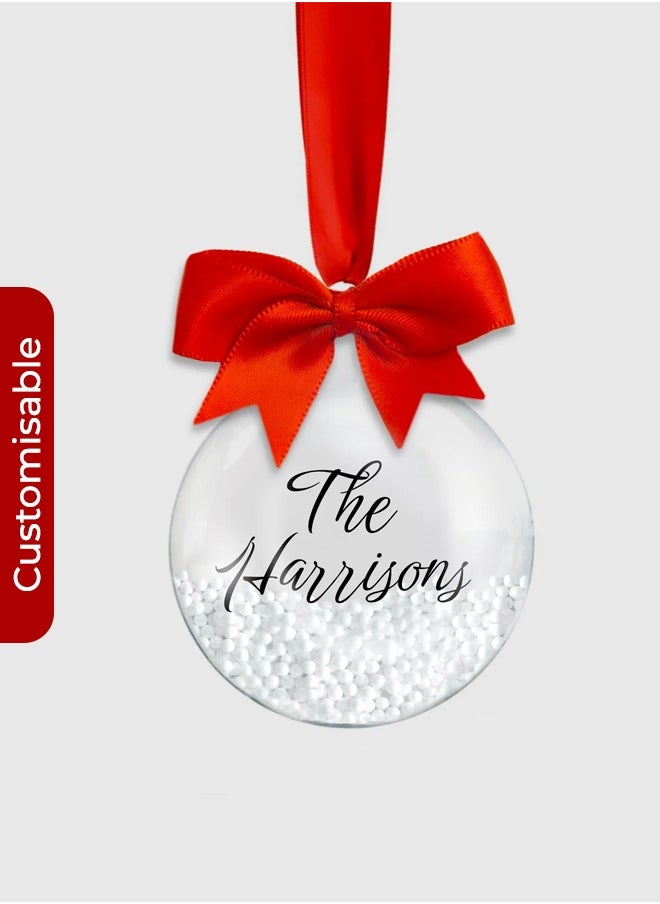 Share the Love Personalized Family Name Bauble – With Red Ribbon, Bow, and Feather or Snow Bead Filling  - Image 1