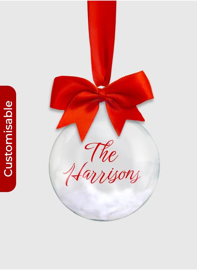 Share the Love Personalized Family Name Bauble – With Red Ribbon, Bow, and Feather or Snow Bead Filling  - Image 2