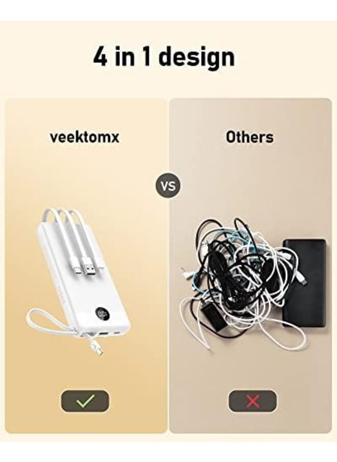 Power Bank With Built In Cables 20000Mah Portable Charger For Iphone Usb C Led Display External Battery Iphone Charger Bank Compatible With Iphone Ipad Samsung And Android Devices For Travel