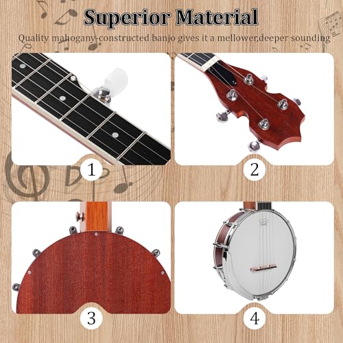 Mulucky 5 String Banjo Mini - Mulucky 26 Inch Travel Banjo Sapele Body Closed Solid Back Beginner Kit With Gig Bag Picks Strings Strap - B806 - Image 3