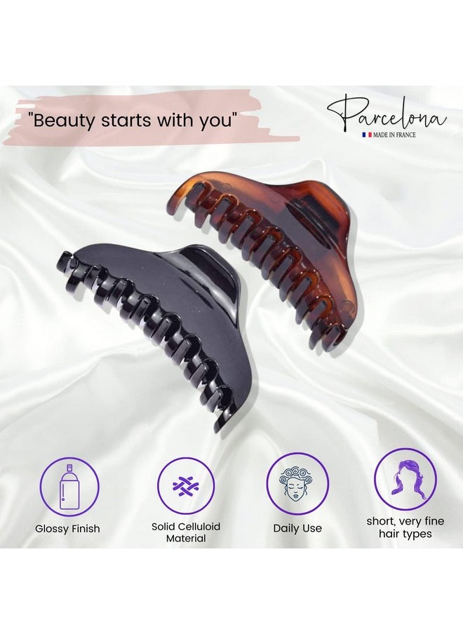 Parcelona Parcelona French Skinny Boss Small 2 1/4" Black N Shell Celluloid Acetate Claw with Tight Spring Set of 2 Jaw Hair Claw Clips for Fine Hair, Made in France  - Image 3