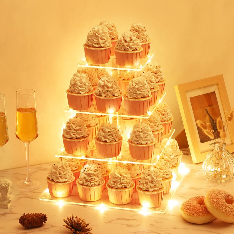 Suneerplay 4 Tier Cupcake Stand with LED String Light, Acrylic Cupcake Display Stand, Square Cupcake Tower Holder, Cup Cake Stand for Birthday, Wedding, Baby Shower, Party - Image 5