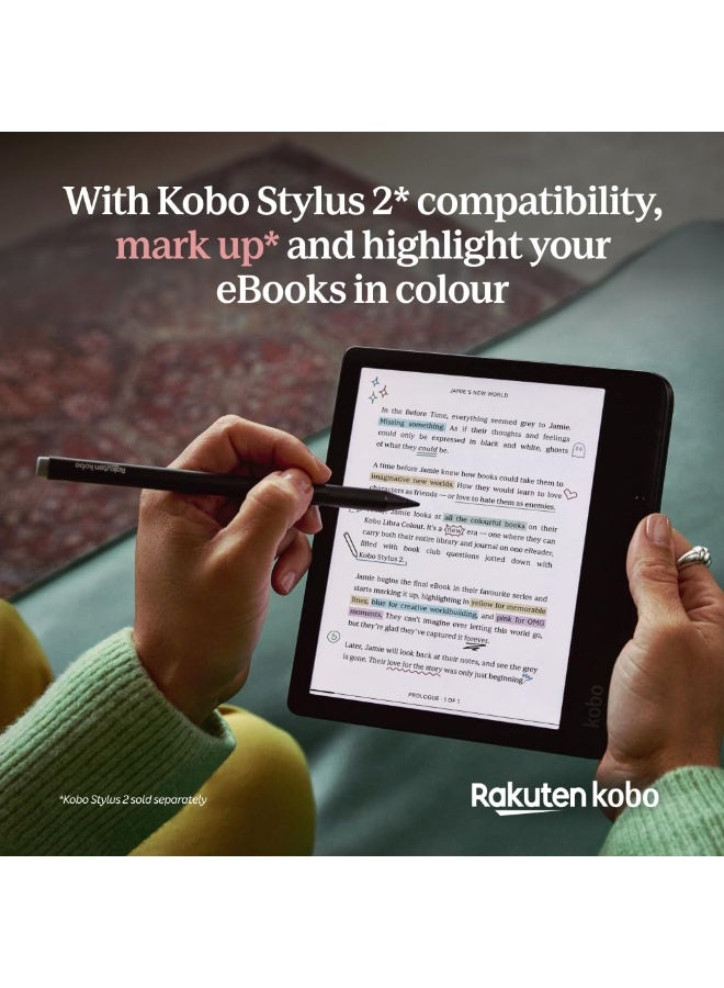 كوبو قارئ الكتب الإلكترونية Kobo Libra Colour | شاشة E Ink Kaleido™ 3 مقاس 7 بوصات | ضبط درجة حرارة الألوان والسطوع | تقليل الضوء الأزرق | يدعم الكتب الإلكترونية والكتب الصوتية | ذاكرة 32 جيجابايت | مقاوم للماء | أسود - Image 2