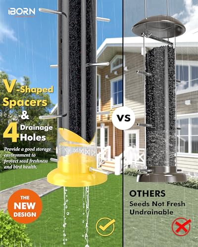iBorn Finch Feeders for Outside,Nyjer/Thistle Bird Feeder,14 Inch Tube Bird Feeders for Outdoors Hanging,Metal Finch Feeders for Thistle Seed with 12 Small Ports,8 Metal Perches,Yellow,Pack of 1 - Image 5
