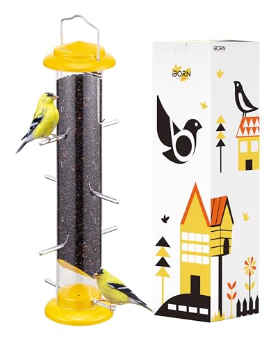 iBorn Finch Feeders for Outside,Nyjer/Thistle Bird Feeder,14 Inch Tube Bird Feeders for Outdoors Hanging,Metal Finch Feeders for Thistle Seed with 12 Small Ports,8 Metal Perches,Yellow,Pack of 1 - Image 1