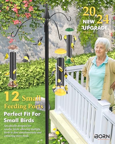 iBorn Finch Feeders for Outside,Nyjer/Thistle Bird Feeder,14 Inch Tube Bird Feeders for Outdoors Hanging,Metal Finch Feeders for Thistle Seed with 12 Small Ports,8 Metal Perches,Yellow,Pack of 1 - Image 3