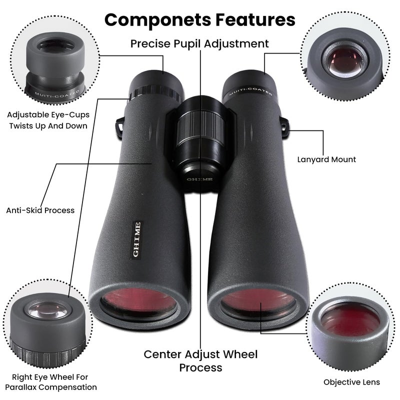 GHIME Binoculars for Long Distance, 12x50 Professional HD for Adults, High Power Lens with BaK4 prisms for Bird Watching, Travel-Large View - Image 2