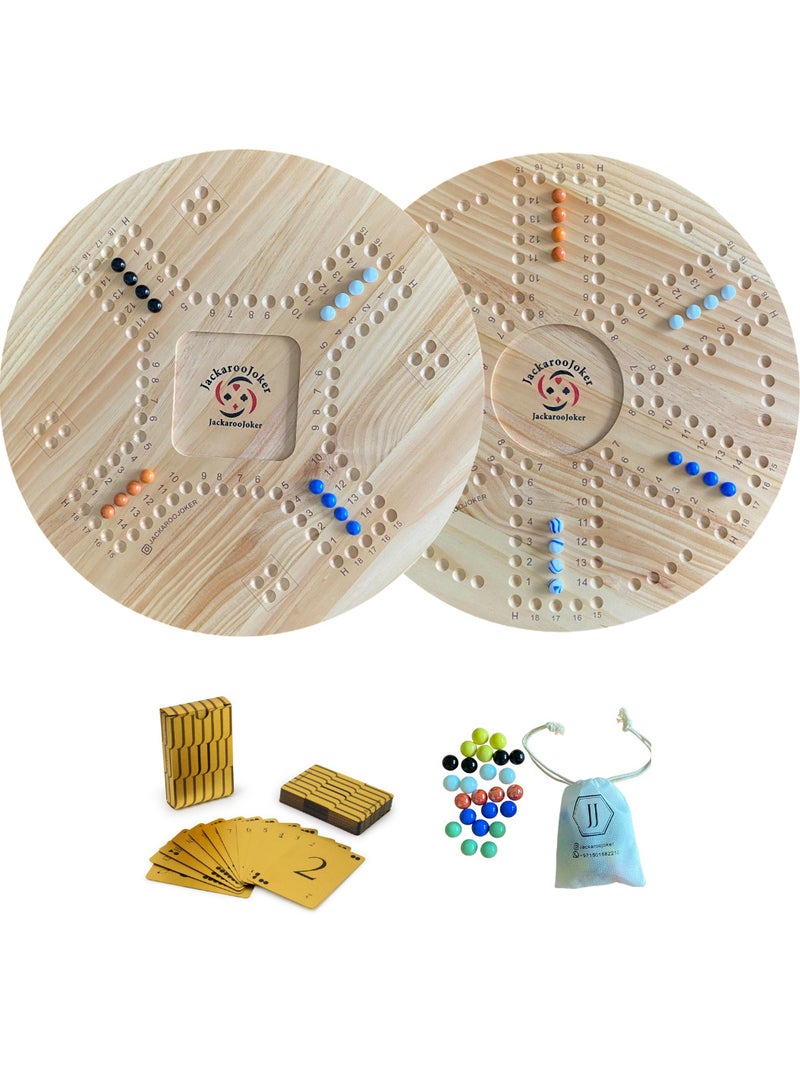 JackarooJoker Solid Pine Wooden Board Game, Double-Sided, 4-6 Players, with Marbles and Cards, Ages 10+ (With Gold Card) - Image 1