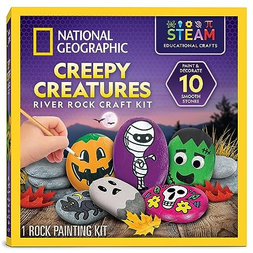 Blue Marble NATIONAL GEOGRAPHIC Creepy Creatures Rock Painting Kit - Halloween Arts & Crafts Kit for Kids, Decorate 10 River Rocks with 10 Paint Colors & More Spooky Art Supplies, Halloween Gifts for Kids - Image 1