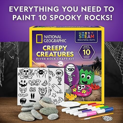 Blue Marble NATIONAL GEOGRAPHIC Creepy Creatures Rock Painting Kit - Halloween Arts & Crafts Kit for Kids, Decorate 10 River Rocks with 10 Paint Colors & More Spooky Art Supplies, Halloween Gifts for Kids - Image 5