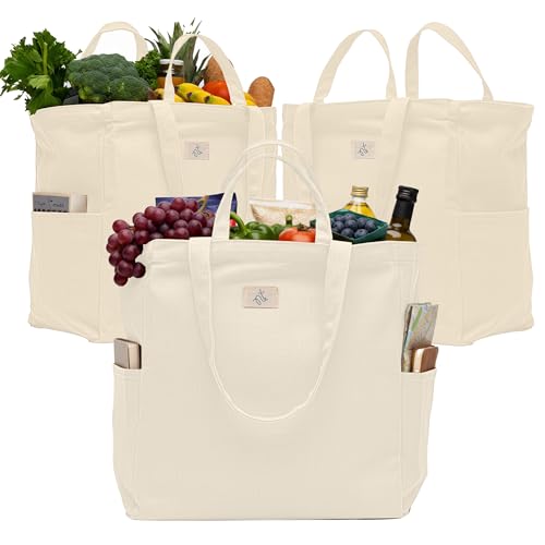 Nook Theory Heavy Duty Reusable Canvas Grocery Bags - 3 Pack, 100% Cotton 12Oz with Duo Handles, XL Large Kitchen Grocery Bags, Reusable Shopping Bags for Groceries, Foldable Tote Bag (Cream) - Image 1