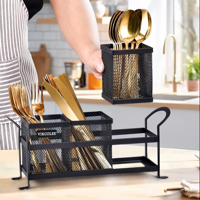 VIKCOLEE Kitchen Utensil Holder, Silverware Organizer Holder, Compact Metal Organizer for Flatware, Spoons, Forks, and Knives - 3 Separate Compartments Perfect for Kitchen Countertop- Black - Image 5