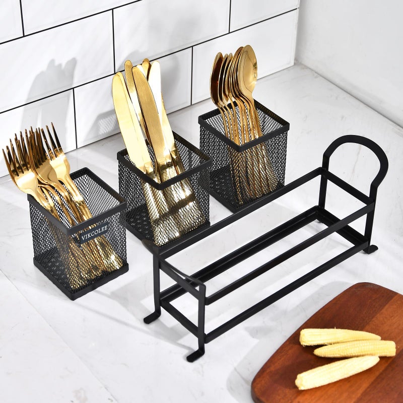 VIKCOLEE Kitchen Utensil Holder, Silverware Organizer Holder, Compact Metal Organizer for Flatware, Spoons, Forks, and Knives - 3 Separate Compartments Perfect for Kitchen Countertop- Black - Image 4