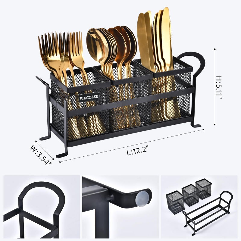 VIKCOLEE Kitchen Utensil Holder, Silverware Organizer Holder, Compact Metal Organizer for Flatware, Spoons, Forks, and Knives - 3 Separate Compartments Perfect for Kitchen Countertop- Black - Image 2