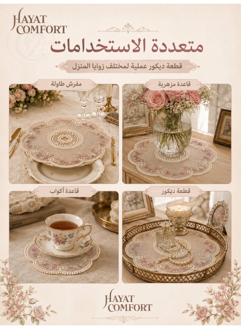 Hayat Comfort 6Pcs Retro French Style Lace Placemats, Crochet Tablecloths Lace Doilies, Retro Handmand Place Mats, Vintage Cup Vase Table Mat for HomeDecoration Home, Wedding, Dining Table, Kitchen Party(Beige) - Image 3