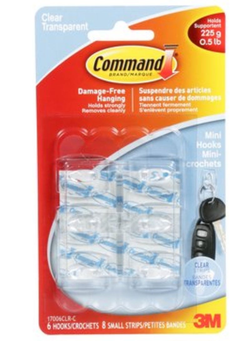 3M Clear Mini Hooks/Clear Strips 6hooks/8Strips