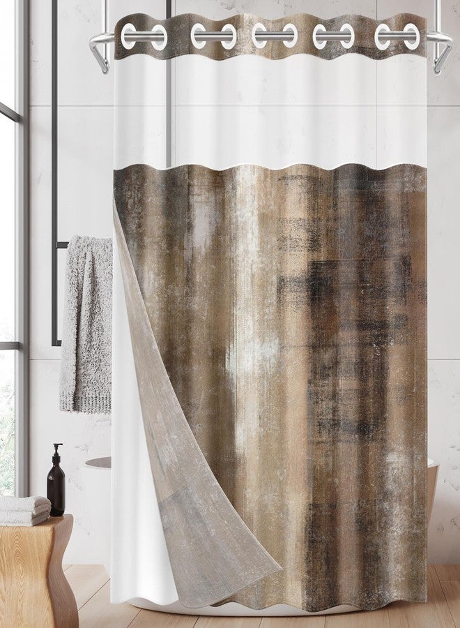 Nesphy No Hook Brown Grey Painting Shower Curtain with Snap in Fabric Liner Set, Vintage Beige Double Layers Waterproof Fabric with See Through Top Window Open Grommet Bath Curtain 71x74 Inch - Image 1
