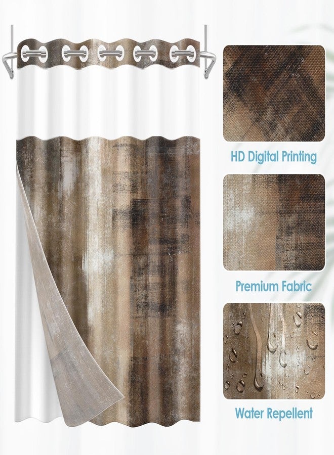 Nesphy No Hook Brown Grey Painting Shower Curtain with Snap in Fabric Liner Set, Vintage Beige Double Layers Waterproof Fabric with See Through Top Window Open Grommet Bath Curtain 71x74 Inch - Image 4