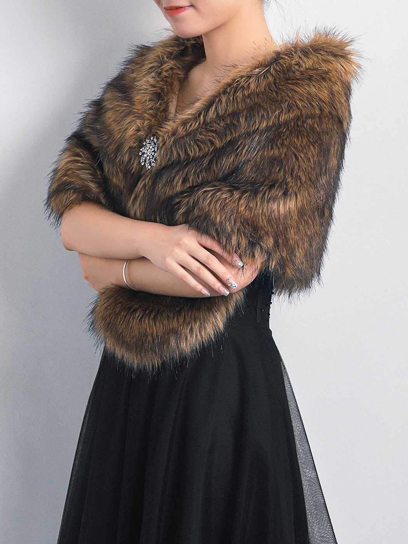 GORAIS Women's Wedding Faux Fur Shawls and Wraps Bridal Fur Scarf Stoles with Brooch for Bride and Bridesmaids (US 4-14(S-M), A Brown) - Image 4