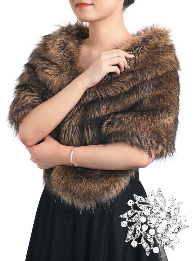 GORAIS Women's Wedding Faux Fur Shawls and Wraps Bridal Fur Scarf Stoles with Brooch for Bride and Bridesmaids (US 4-14(S-M), A Brown) - Image 1
