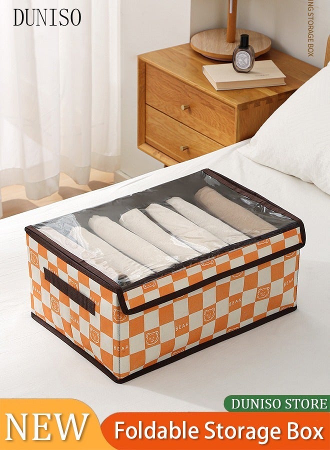DUNISO 2 Pack Foldable Storage Box with Transparent Lid, Stylish Brown Little Bear Pattern, Seven Compartments, For Sweatshirts, Sweaters, Jeans (44x30x20cm) - Image 1