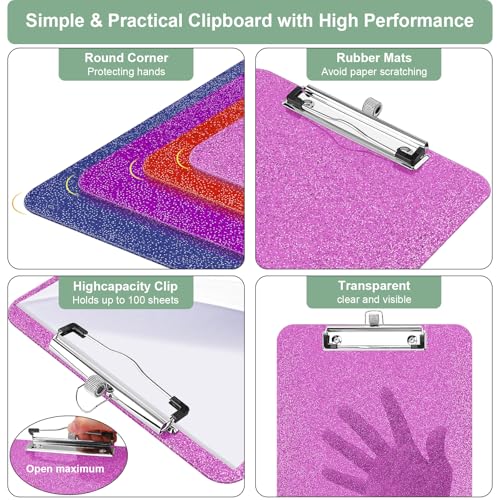 SFLHHDM 1 Pcs Clear Glitter Clipboards, Plastic Clipboard with Pen Holder,Size 8.85 x 12.4 in Shiny Clipboards with Low Profile Clip,Cute Hanging Clipboard for Office Supplies Sparkly Clip Board-Rose Pink - Image 3