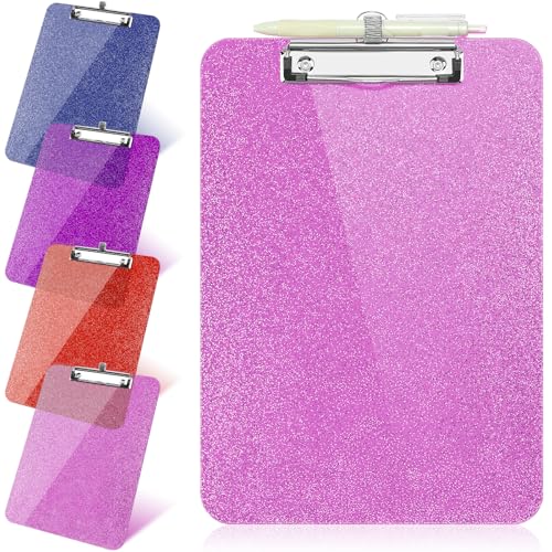SFLHHDM 1 Pcs Clear Glitter Clipboards, Plastic Clipboard with Pen Holder,Size 8.85 x 12.4 in Shiny Clipboards with Low Profile Clip,Cute Hanging Clipboard for Office Supplies Sparkly Clip Board-Rose Pink - Image 1