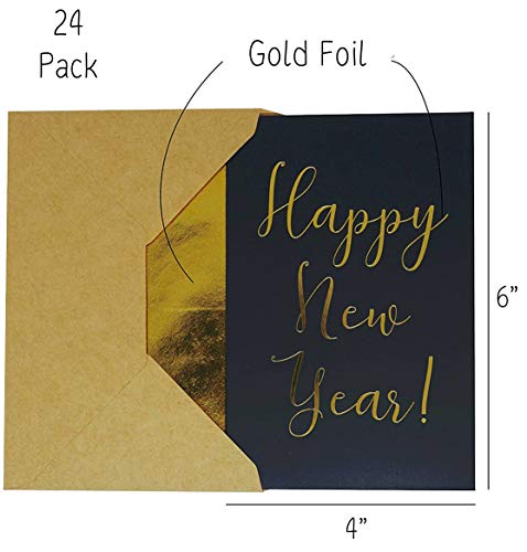 CHRIZ.Z Happy New Year Cards - 24 Pack Black Happy New Year NYE Greeting Cards in Matte Finish with Gold Foil Lettering - Includes 26 Gold Foil Embossed Kraft Envelopes - 4" x 6" Blank Inside - Image 2