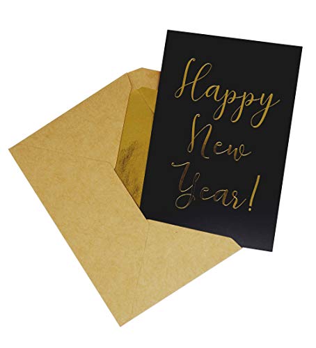 CHRIZ.Z Happy New Year Cards - 24 Pack Black Happy New Year NYE Greeting Cards in Matte Finish with Gold Foil Lettering - Includes 26 Gold Foil Embossed Kraft Envelopes - 4" x 6" Blank Inside - Image 5
