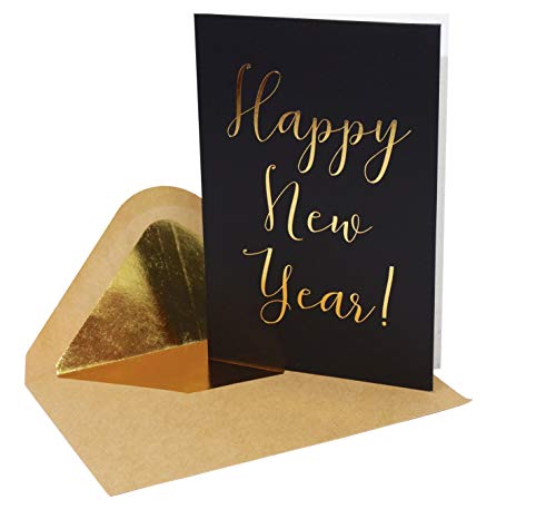 CHRIZ.Z Happy New Year Cards - 24 Pack Black Happy New Year NYE Greeting Cards in Matte Finish with Gold Foil Lettering - Includes 26 Gold Foil Embossed Kraft Envelopes - 4" x 6" Blank Inside - Image 4