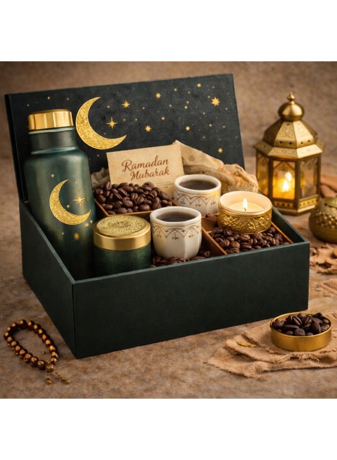 Ramadan Mubarak Luxury Gift Set – Premium Coffee & Flask Hamper with Cups & Candle – Elegant Islamic Gift Box