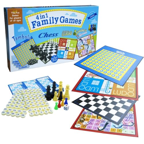G F S 4 in 1 Family Strategy Board Games, Tambola, Chess, Ludo and Snakes & Ladders Educational Family Games, Fun & Strategy Games (Multicolor) - Image 1