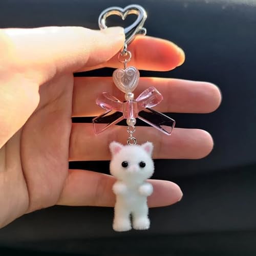 Agromusk Cute Cat Keychain,Fuzzy Kitty Cat Decor Gifts for Cat Lovers Girlfriend Y2K Heart Bow Ornament Pendent Women Girls Kawaii Cat Charms for Bags Backpack Wallet - Image 3