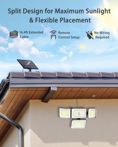 CLAONER Solar Outdoor Lights Motion Sensor 3500LM 288 LED Solar Security Lights with Remote Control IP67 Waterproof 4 Heads Flood Lights with 16.4ft Cable 4 Modes Wall Lights(4 Pack) - Image 2
