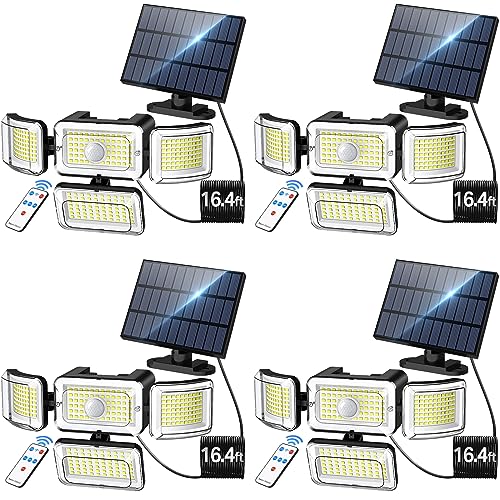 CLAONER Solar Outdoor Lights Motion Sensor 3500LM 288 LED Solar Security Lights with Remote Control IP67 Waterproof 4 Heads Flood Lights with 16.4ft Cable 4 Modes Wall Lights(4 Pack) - Image 1