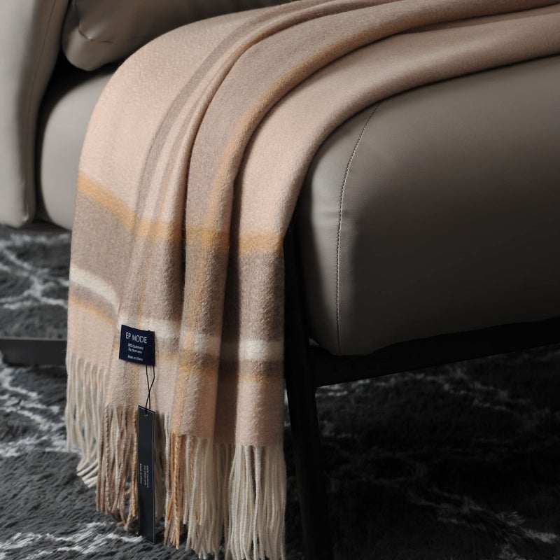 EP Mode 100% Pure Cashmere Throw Blanket for Sofa  Classic Design with Gift Box (Beige Border) - Image 2