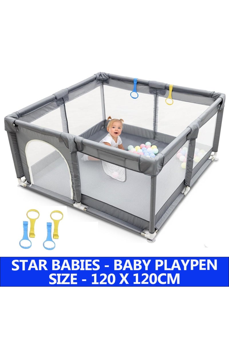 Star Babies - Baby Playpen With 4 Pull-Up Rings - Dark Grey - 120 x 120 cm - Image 2