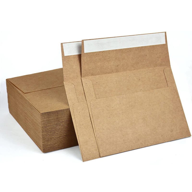 AZAZA 100 Pack, Size A2, Brown Kraft Paper Envelopes | Self Sealing Adhesive| Perfect for Weddings, RSVP, Invitations, Baby Shower,Greeting Cards,Announcements, Thank You Notes| 4.375 x5.75 Inches - Image 1