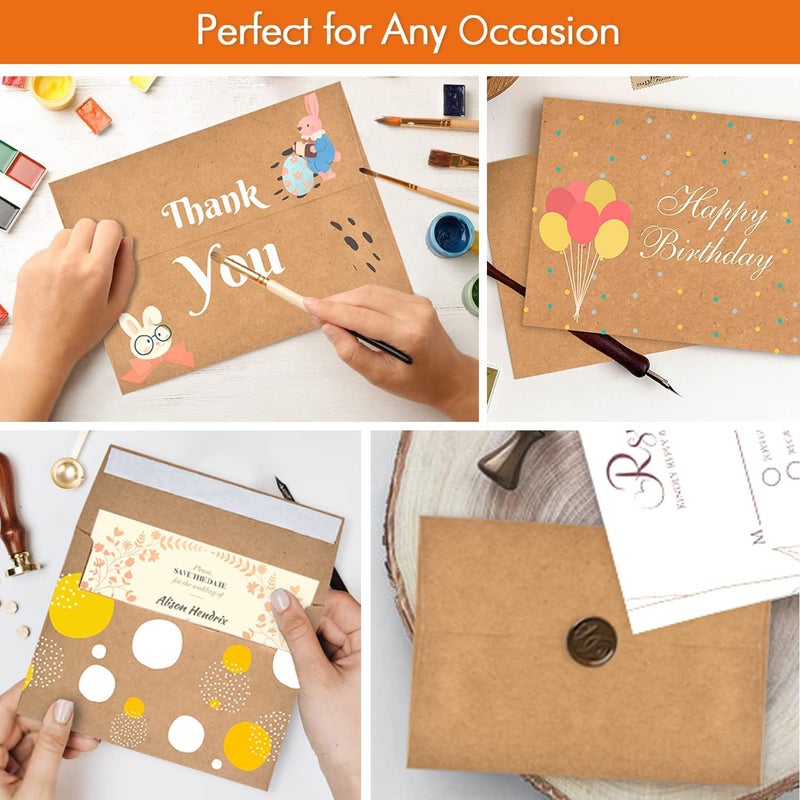 AZAZA 100 Pack, Size A2, Brown Kraft Paper Envelopes | Self Sealing Adhesive| Perfect for Weddings, RSVP, Invitations, Baby Shower,Greeting Cards,Announcements, Thank You Notes| 4.375 x5.75 Inches - Image 2