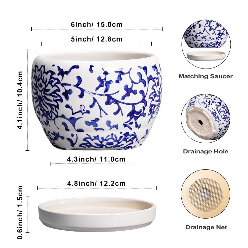 SQOWL 6 Inch Planter - Ceramic Plant Pots Indoor with Drainage Hole and Saucer, Round Ceramic Flower Pot Outdoor, Porcelain Decorative Planter, Backyard Decor, Gifts for Plant Lovers, Blue and White - Image 3