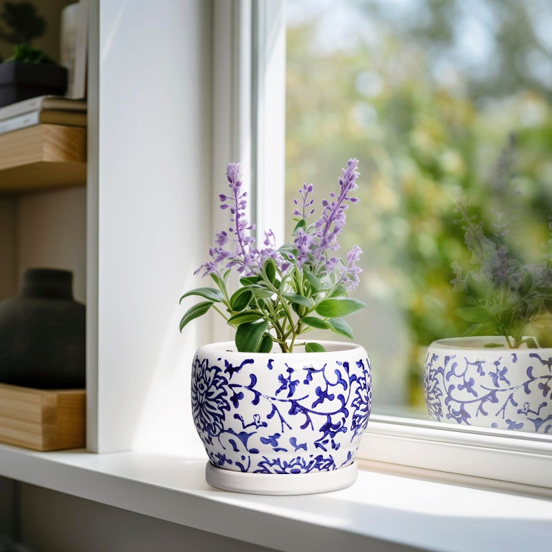 SQOWL 6 Inch Planter - Ceramic Plant Pots Indoor with Drainage Hole and Saucer, Round Ceramic Flower Pot Outdoor, Porcelain Decorative Planter, Backyard Decor, Gifts for Plant Lovers, Blue and White - Image 2