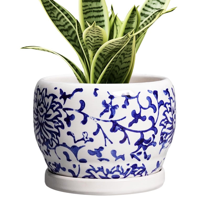 SQOWL 6 Inch Planter - Ceramic Plant Pots Indoor with Drainage Hole and Saucer, Round Ceramic Flower Pot Outdoor, Porcelain Decorative Planter, Backyard Decor, Gifts for Plant Lovers, Blue and White - Image 1