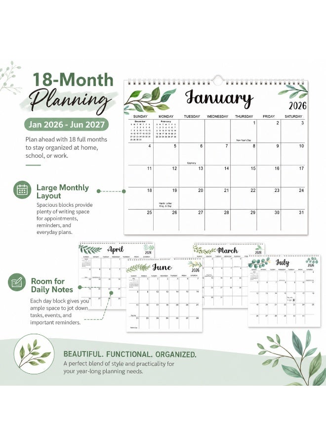 LYNLYN 2026-2027 Wall Calendar, 18 Month Botanical Hanging Calendar, Jan 2026 to Jun 2027 Monthly Planner, Spiral Bound Calendar with Large Writing Blocks for Home Office School (35.6*28 CM) - Image 4